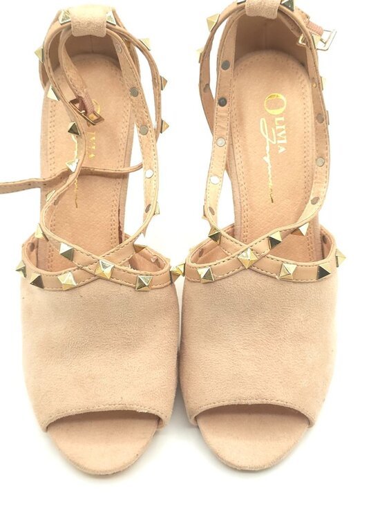 Olivia Ferguson Shoes - Olivia Ferguson Nude Suede Peep-Toe Studded Strappy Sandals Ankle Strap Women's